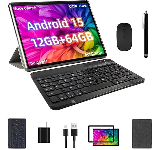 Android 15 Tablet, 12GB+64GB+1TB Expand, 10 Tablet Productivity Bundle with Keyboard Case, Stylus Pen, Octa-core CPU, Dual Camera, WiFi6, 6000mAh Battery+18W Fast Charge, Support Face Unlock (Black) - Image 1