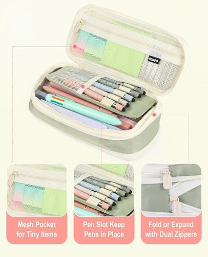 56 PCS Aesthetic School Supplies with Pencil Case, 5 Inspirational Ballpoint Pens, 12 Pastel Highlighters, 5 Black Ink Gel Pens, 6 Mechanical Pencils 0.5-0.7mm Preppy School Supplies Xmas Gift(Green) thumbnail 8