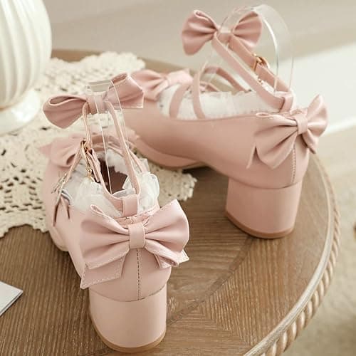 LUXMAX Women Cute Shoes Kawaii Pumps Mid Block Heel Mary Janes Platform Sweet Cosplay Dress Shoes Strappy Ankle Strap Pumps with Bow - 8.5 - Pink thumbnail 5
