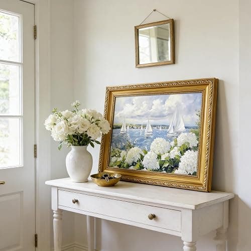 Hydrangea Sailboat Coastal Wall Art Canvas Print, Gold Ornate Framed Ocean Nautical Artwork Ready to Hang for Beach House Living Room Bedroom Bathroom Wall Decor 16x24 Inch thumbnail 5