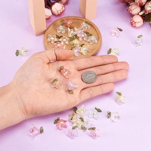 Cheriswelry 32Pcs Acrylic Flower Pendants Lily Floral Plastic Dangle Charms with Pearl Beads 20mm 8 Colors for DIY Crafts Necklace Earring Jewelry Making Decoration thumbnail 5