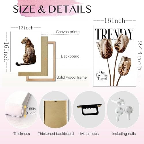 Trendy Leopard Canvas Wall Art Set of 3 Cheetah Printed Preppy Fashion Skateboard Wall Decor Preppy Room Aesthetic posters Prints for Girls Bedroom Apartment Dorm 12x16in Framed Decoration thumbnail 3