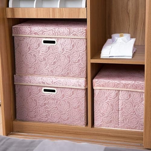 PRANDOM Larger Collapsible Storage Boxes with Lids Fabric Decorative Bins Cubes Organizer Containers Baskets Handles Divider for Bedroom Closet Living Room Pink 17.7x11.8x11.8 Inch 3 Pack thumbnail 4
