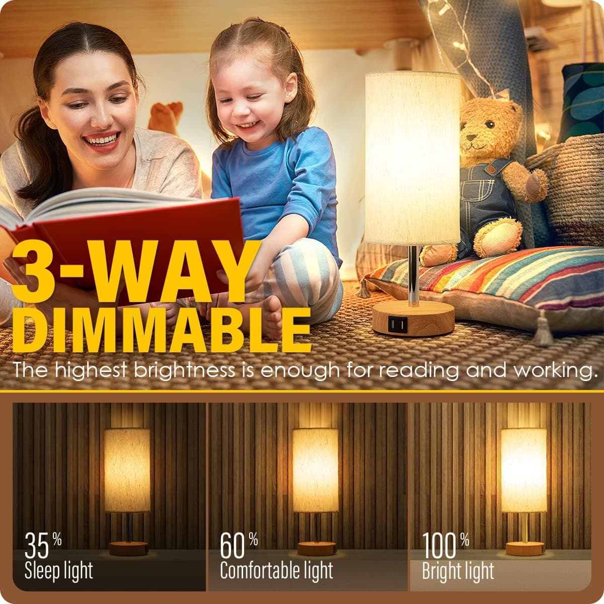 Yarra-Decor Bedside Lamp with USB Port - Touch Control Table Lamp for Bedroom Wood 3 Way Dimmable Nightstand Lamp with Round Flaxen Fabric Shade for Living Room, Dorm, Home Office (LED Bulb Included) thumbnail 2