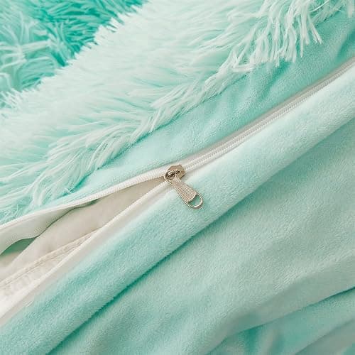 FOPPA Green Comforter Cover Set - Ultra Soft Plush Bedding Set (1 Faux Fur Duvet Cover + 2 Faux Fur Pillow Cases) Mint Green, Queen thumbnail 7