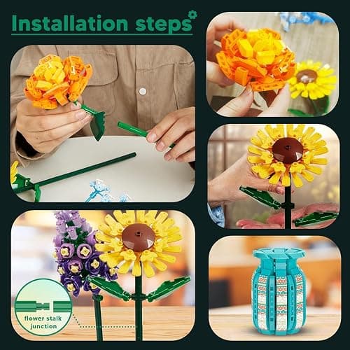 BlockPro Flowers Bouquet Building Blocks Set with Vase, Roses, Sunflower, Hyacinth, Hydrangea, Flower Set for Adults, Teen Girls, Home, Office Decor, Valentine's 1853pcs thumbnail 5