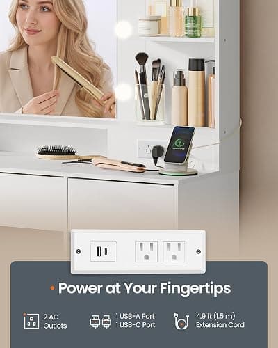SONGMICS HOME Vanity Desk with Mirror and Lights, Makeup Vanity Table with Power Outlets, 9 Drawers Storage Dressing Table for Bedroom, White thumbnail 6