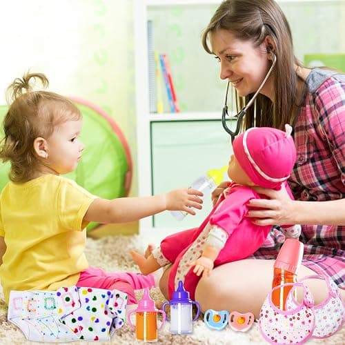 Kuihaazi 12PCS Baby Doll Accessories Set,Doll Pretend Play Feeding Toys,Baby Doll Feeding Include Disappearing Milk and Juice Bottles,Pacifier,Bibs,Diapers thumbnail 6