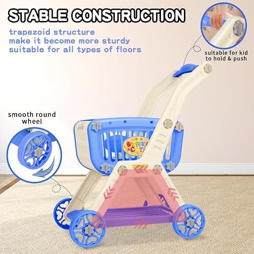 Kids Shopping Cart - 2 in 1 Toy Shopping Cart with Play Food Fruit Vegetable Dessert and Shop Accessories, 72pcs Pretend Play Grocery Store Toy Kitchen Game Trolley Play Set for Kids (Navy Blue) thumbnail 6