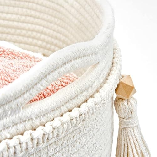 Mkono Macrame Decorative Cotton Rope Basket Boho Cute Woven Tassel Tall Basket Closet Storage Bins Organizer for Nursery,Baby Toys, Potted Plants Cover,Living Room,Bedroom Home Decor 15.7"x 19.6" - 15.7"x19.6" thumbnail 4