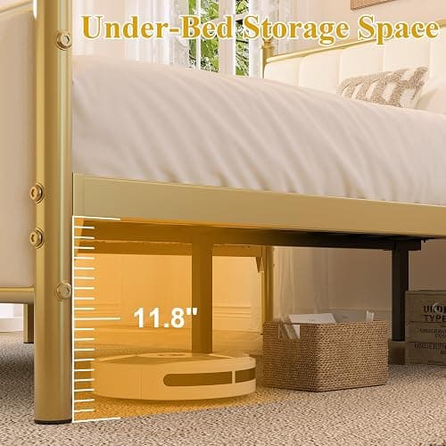 E-Motie Full Size Bed Frame with Headboard, Upholstered Platform Metal Beds Frame Full, Supported by Strong Metal Slats, No Box Spring Needed, Easy Assembly, Noise-Free, Gold thumbnail 8