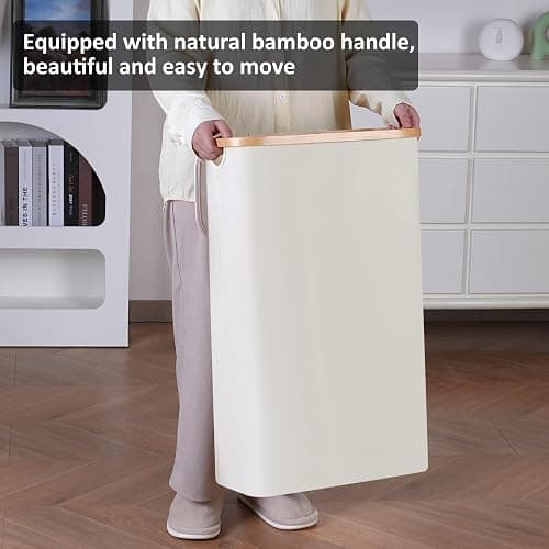 Merkisa Slim Laundry Hamper,Narrow laundry Hamper with Lid,60L Hamper for Laundry,Dirty Cloth Hamper with Bamboo Handle for Toys,Towels, Clothes Organizing,Beige thumbnail 6