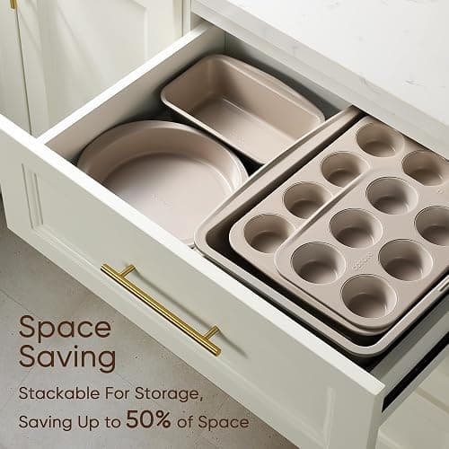CAROTE 7-Piece Nonstick Stackable Baking Pans Set - Bakeware Sets Including Cookie Sheets for Baking, Muffin Pan, Bread Pan, Cake pan, Loaf Pan, Roasting Pan, Gray & Khaki thumbnail 7