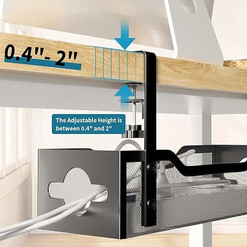 Litwaro Under Desk Cable Management Tray No Drill, 13.38'' Metal Wire Organizer with Clamp Mount for Standing Desk, Cord Management Box for Home Office – No Damage to Desk (Black) thumbnail 3