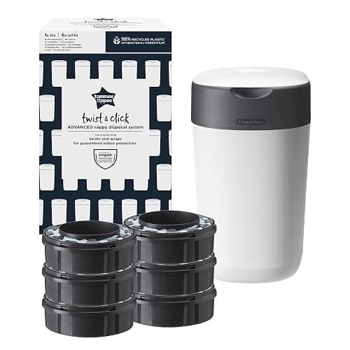 Tommee Tippee Twist and Click Nappy Bin Starter Set, White, with x6 Refill Cassettes, Odour and Germ Protection, Antibacterial Film, 100% Recycled Chassis, (pack may vary) - NAPPY BIN + 6 PACK CASSETTE thumbnail 3