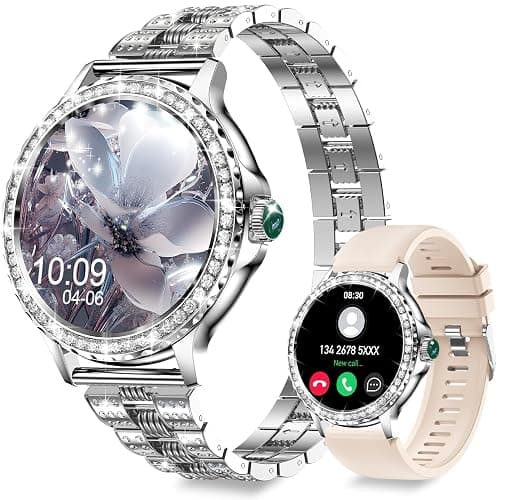 Smartwatch Donna, 1,3'' HD Orologio Smart Watch Diamante con Chiamate BLE5.2/2 Cinturini/110+ Sport/Sonno/Cardiofrequenzimetro, Orologio Digitale IP68 per Android iOS, Regalo Donna, Argento - Image 1
