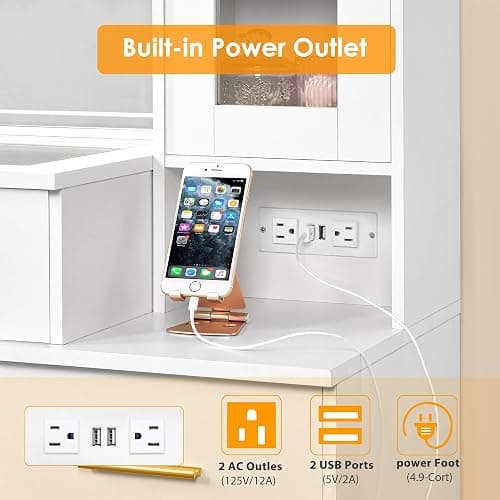 BEWISHOME 49.2" Large Vanity Desk with Mirror and Lights,White Makeup Vanity Table with Glass Top,Stool,Makeup Desk with Power Outlet,5 Drawers,Nightstand,Dressing Table for Bedroom Women FST34W thumbnail 6