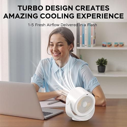 MORECORE Desk Fans for Bedroom, Strong Airflow Turbo Quiet Small USB Fan, 17hrs Running, 360° Rotate & 5 Speeds, 4000mAh Battery Operated Portable Fan with LED Display for Home Office Desktop-White thumbnail 3