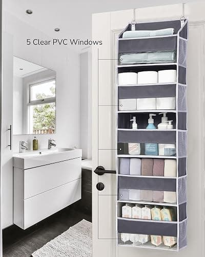 ULG 1 Pack Over Door Organizer with 5 Large Pockets 10 Mesh Side Pockets, 44 lbs Weight Capacity Hanging Storage Organizer with Clear Window Kids Toys, Shoes, Diapers, Dark Grey, 5 Layers thumbnail 5