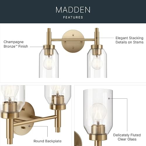 Kichler Madden 2-Light Bathroom Vanity Light Fixture with Clear Glass Shades, Modern Wall Mount Lighting in Champagne Bronze for Single or Double Vanity (10.5" x 14.25"), 55184CPZ thumbnail 5