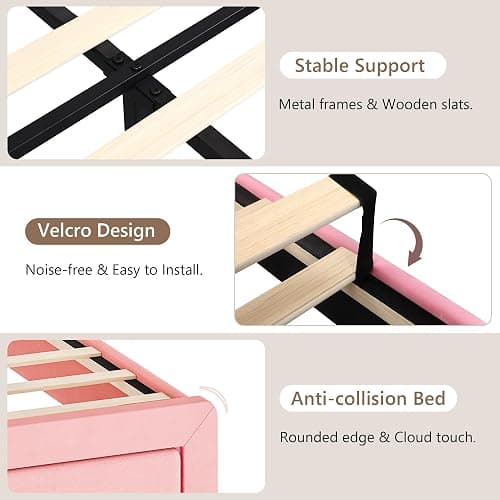 Einhomn Full Size Upholstered Bed Frame with 2 Underbed Drawers & Storage Headboard, Velvet Platform Bed with LED Lights & Charging Station, Sturdy Metal & Wood Structure, Noise-Free,Pink thumbnail 9