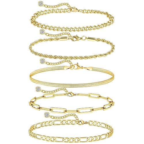 14K Gold Chai14K Gold Chain Bracelets Set for Women, Dainty Paperclip Link Bead Stackable Layered Bracelets Metal Fashion Jewelry thumbnail 8