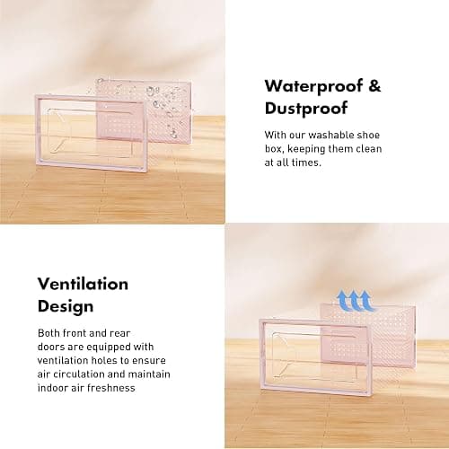 Foluck Shoe Storage Box, 15 Pack Clear Plastic Stackable Shoe Organizer for Closet, Interlocking Design Shoe Container Bins for Sneakers, Foldable Shoe Rack with Lids, Pink thumbnail 5
