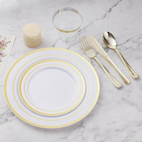 BESTVIP 150PCS Plastic Dinnerware Set (25 Guests), Gold Disposable Plates for Party, Wedding, Christmas, Anniversary, Includes: Dinner Plates, Dessert Plates, Cups, Spoons, Forks and Knives thumbnail 5