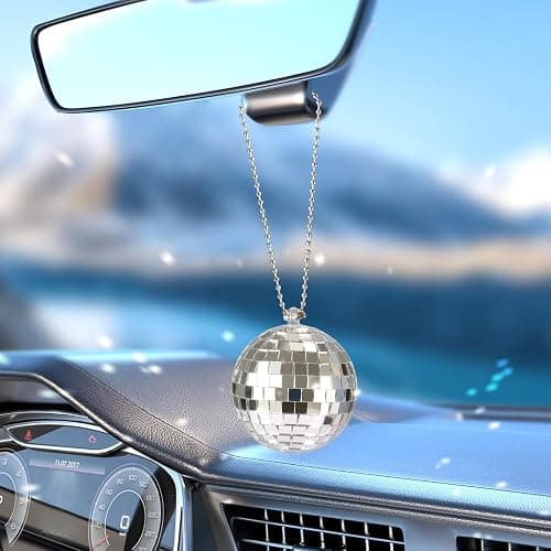 Mirror Disco Ball Hanging Car Accessory - Rear View Mirror Hanging - Silver (1.9 inch) thumbnail 2