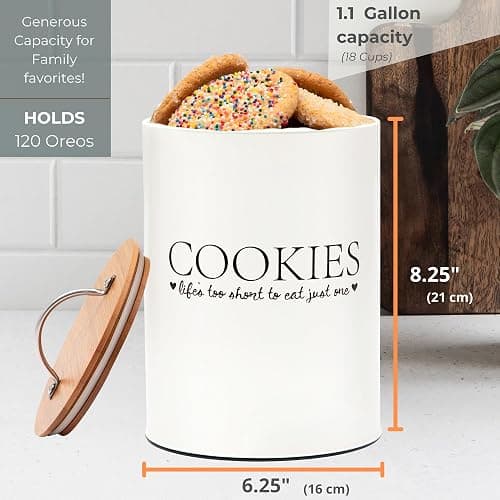 D'Lifeful Cookie Jar with Airtight Bamboo Lid – 1.1 Gallon Cute and Decorative Cookie Storage for Kitchen Countertop – Farmhouse Storage Tin for Freshness – Great Gift Idea (Off White) thumbnail 3