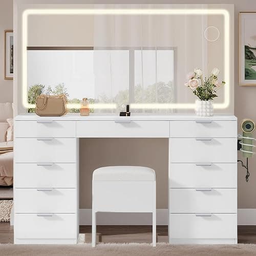 YITAHOME 46" Vanity Table with LED Lighted Mirror, Makeup Desk with 11 Drawers, Cushioned Storage Stool, Vanity Set with Power Outlet & Magnifying Mirror, White - Image 1