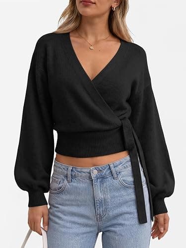 Trendy Queen Womens Wrap Cropped Open Front Pullover Sweater Tops 2026 | Lightweight Soft Knit, Adjustable Side Tie, Easy Layering Piece, Fall Fashion Staple thumbnail 2