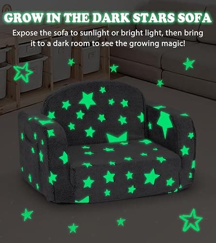 Kids Couch, 2-in-1 Soft Toddler Couch Fold Out with with Blanket and Cloud Pillow, Glow in The Dark, Toddler Chair Comfy, Convertible Sofa to Lounger, Gifts for Kids Girl Boys, Medium Grey Star thumbnail 6