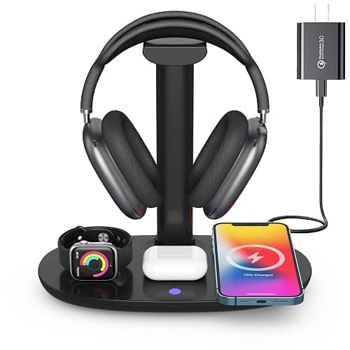 Headphone Stand with 15w Wireless Charger, Suguder 4 in 1 Charging Station Headset Holder for AirPods Max/Pro/4/3/2 iWatch 10/9/8/7/6/5/4/3/2/1/SE iPhone 16/15/14/13/12/11/X for Desktop Table Game - Image 1