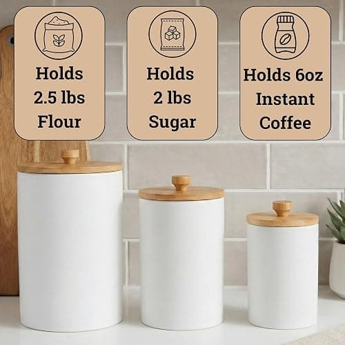 Ceramic Kitchen Canisters for Countertop Set of 3 with Airtight Bamboo Lids - White Kitchen Canisters with Airtight Lids - Flour Sugar Canister Set - Flour and Sugar Containers Farmhouse - Coffee Jar thumbnail 4