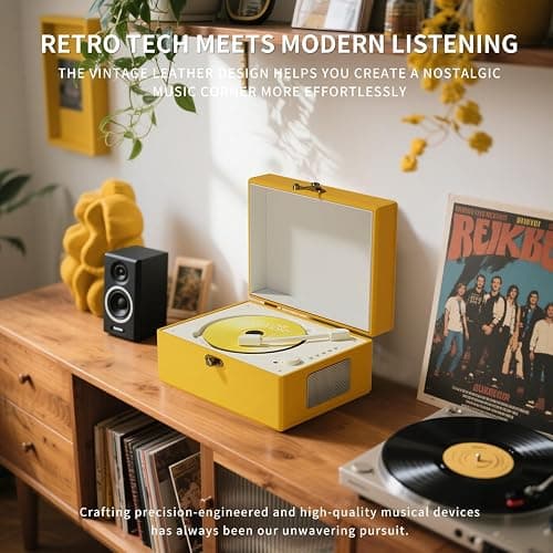 Yintiny Rechargeable Leather CD Player with Speakers; Bluetooth Transmitter; Festival Gift; BGM Player for Home Décor (Yellow) thumbnail 5