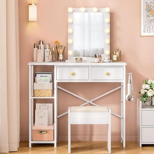 ThreeHio Vanity Desk Without Mirror, Makeup Vanity for Girls with 2 Fabric Drawers, Small Vanity Table with Iron Hook, 35 Inches Dressing Table with Storage, White - Image 1