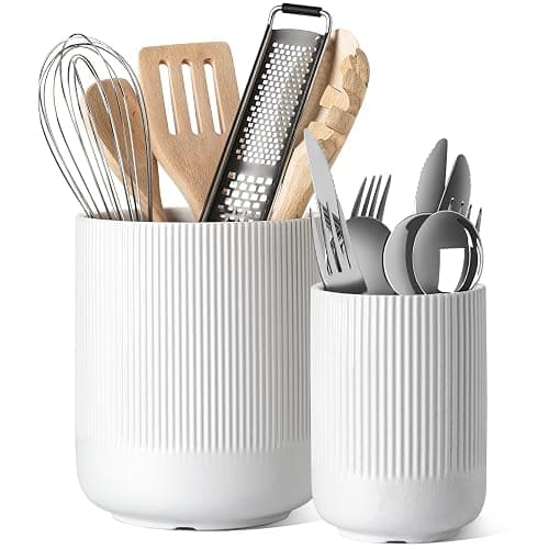 LE TAUCI Utensil Holder, 7.3"+5.4" Ceramic Kitchen Utensil Holder for Countertop, Large Cooking Utensil Crocks for Kitchen Counter Decor, Morden Utensil Organizer for Spatula, Set of 2, White - Image 1