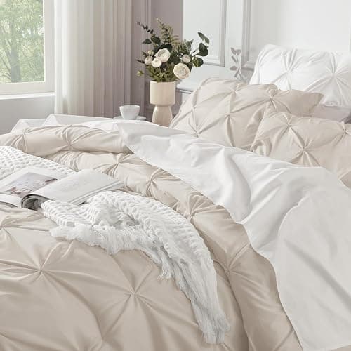 Andency Beige Comforters Queen Size, 3 Pieces Cream Bedding Set & Collections for Women Men, All Season Soft Fluffy Lightweight Pinch Pleat Bed Comforter Set (90x90Inch) thumbnail 3