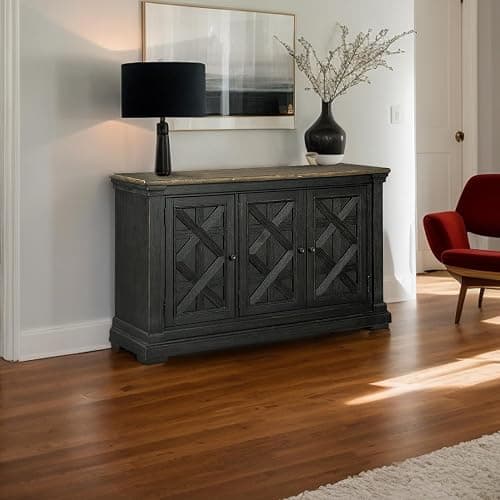 Signature Design by Ashley Tyler Creek Vintage Casual Dining Room Buffet Cabinet or Server with 3 Doors and Lattice Design, Wood, 36" High, Black & Gray thumbnail 2