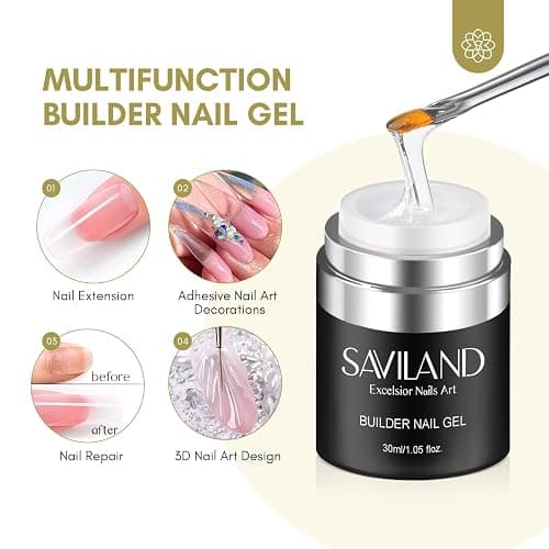 SAVILAND Builder Gel for Nails: 30ml Clear Hard Gel for Extension, Builder with Air Cushion Builder Base &Nail Strengthener Art Manicure Set 100pcs Nail Forms and Acrylic Brushr Thickening Home Use | Dispense By Press, Control Gel Amount Easily, Salon & Home DIY, Includes 100 Forms & Brush, Natural Resin, Lasts 28+ Days thumbnail 3