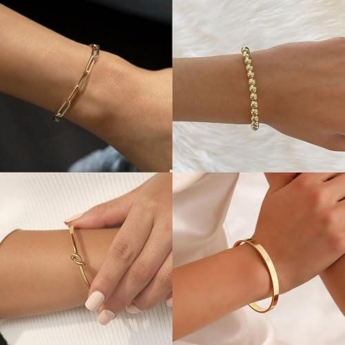 Reoxvo Christmas Stocking Stuffers Gifts for Women-Gold Plated Bangle Cuff Bracelets for Women Non Tarnish Gold Bracelet Stack Jewelry Set for Women Trendy thumbnail 5
