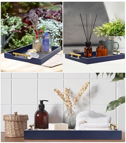 SXNOWS Coffee Table Tray - Large Ottoman Tray for Living Room - Wood Serving Tray with Handles(2 Sets) - Wooden Trays for Coffee Tables, 4 Round Coasters Included, Deep Blue thumbnail 9