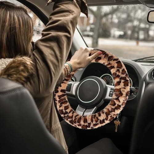 Accmor Fuzzy Car Steering Wheel Cover, Universal Fit Fur Auto Wheel Cover & Handbrake Cover & Gear Shift Cover Set, Leopard Warm Fluffy Vehicle Wheel Protector Car Accessories for Men Women (Brown) thumbnail 7