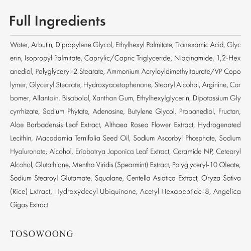 TOSOWOONG Arbutin 7% + Tranexamic Acid 4% Cream for Dark Spots, Brightening | 70,000ppm Arbutin + 40,000ppm TXA, Niacinamide, Glutathione for Blemishes & Freckles, Glow, Korean Skincare, 50ml/1.69 fl oz thumbnail 6