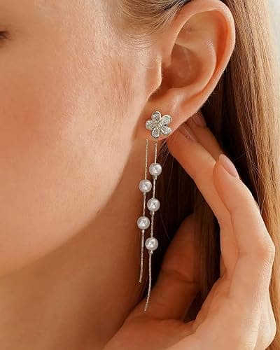 MUMREUES Gold Earrings for Women Trendy 14k Gold Plated Cubic Zirconia Flower Dangle Earrings Hypoallergenic Dainty Pearl Drop Chain Earrings Jewelry Gifts for Her thumbnail 3