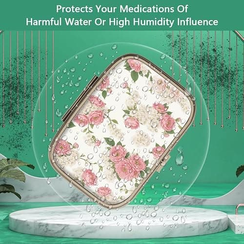 Pill Case Pill Box with Mirror Retro 2 Compartment Small Pill Case for Purse or Pocket Bronze Rectangular Pill Box or Vitamins, Fish Oil, Supplements, Pill Containe Travel Gifts（Retro Pink Floral） thumbnail 2