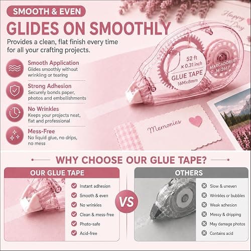 MARCADORUS Double Sided Tape Roller, Scrapbook Glue Tape 6 Pack, Extra-Long | 52 Ft x 0.31 In Each, 312 Ft Total; Permanent, Acid-Free, Photo-Safe Tape for Scrapbooks, Journals, Cards & Crafts thumbnail 5