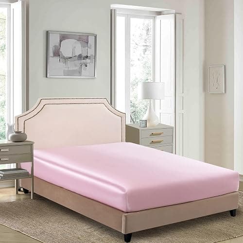 LuxBedding Satin Fitted Bed Sheet, Soft as Silk, Full Size, 1 Piece, Pink | Satin Fitted Sheet Only, Full Size Fitted Sheet, 1 Piece Bottom Bed Sheet, Soft and Comfortable Like Silk,Deep Pocket thumbnail 2