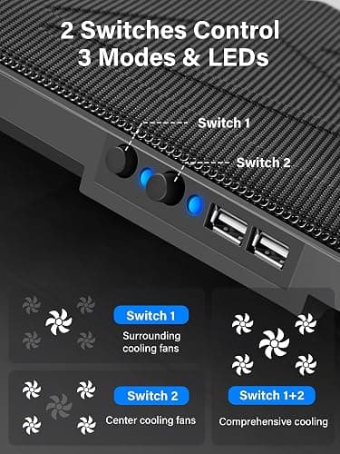Kootek Laptop Cooling Pad, Laptop Cooler with 5 Quiet Fans for 12"-17" Computer PC Notebook Gaming Laptop Fan, Height Adjustable Laptop Cooling Stand Laptop Accessories, Blue thumbnail 4